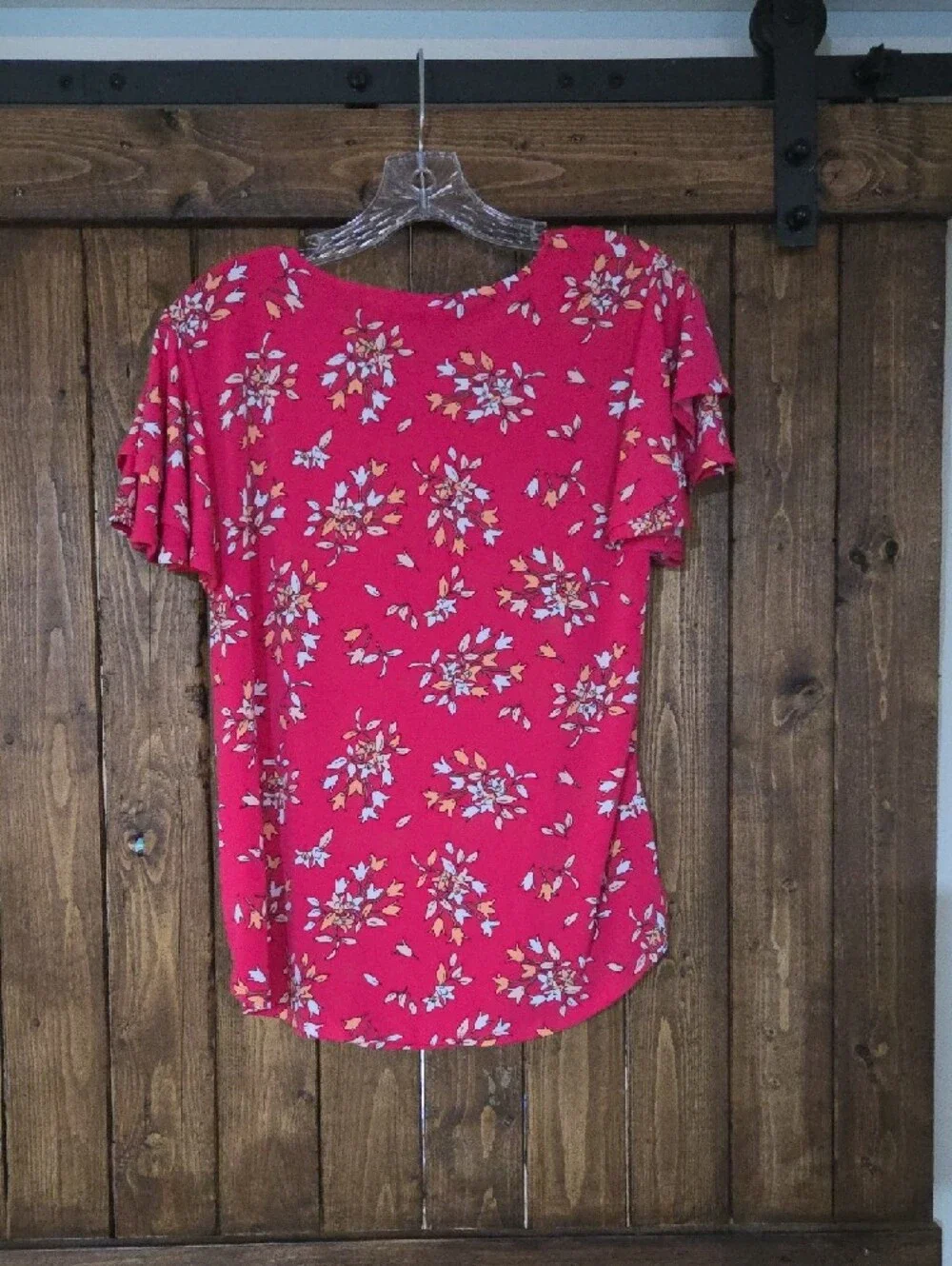 Liz Claiborne Dark Pink Floral Ruffle Sleeve Blouse - Picture 3 of 4